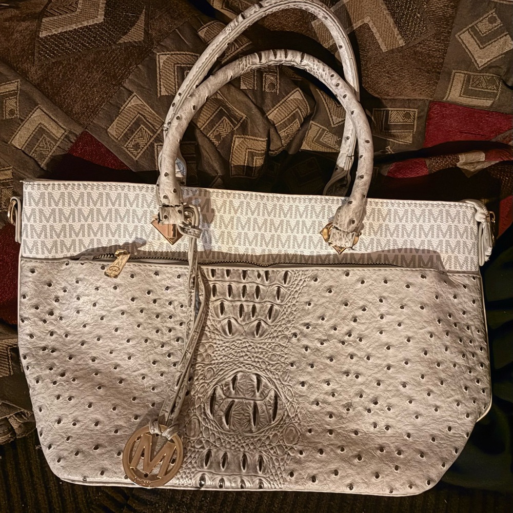 MFK Light Gray Satchel Top Handle Bag Logo Pattern Logo Charm Zipper Accent